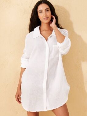 Shade & Shore White Button-Front Beach Cover-Up Shirt NWT